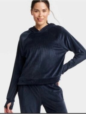 All in Motion Women's Velour Ribbed Hooded Sweatshirt Navy Blue Size XL new